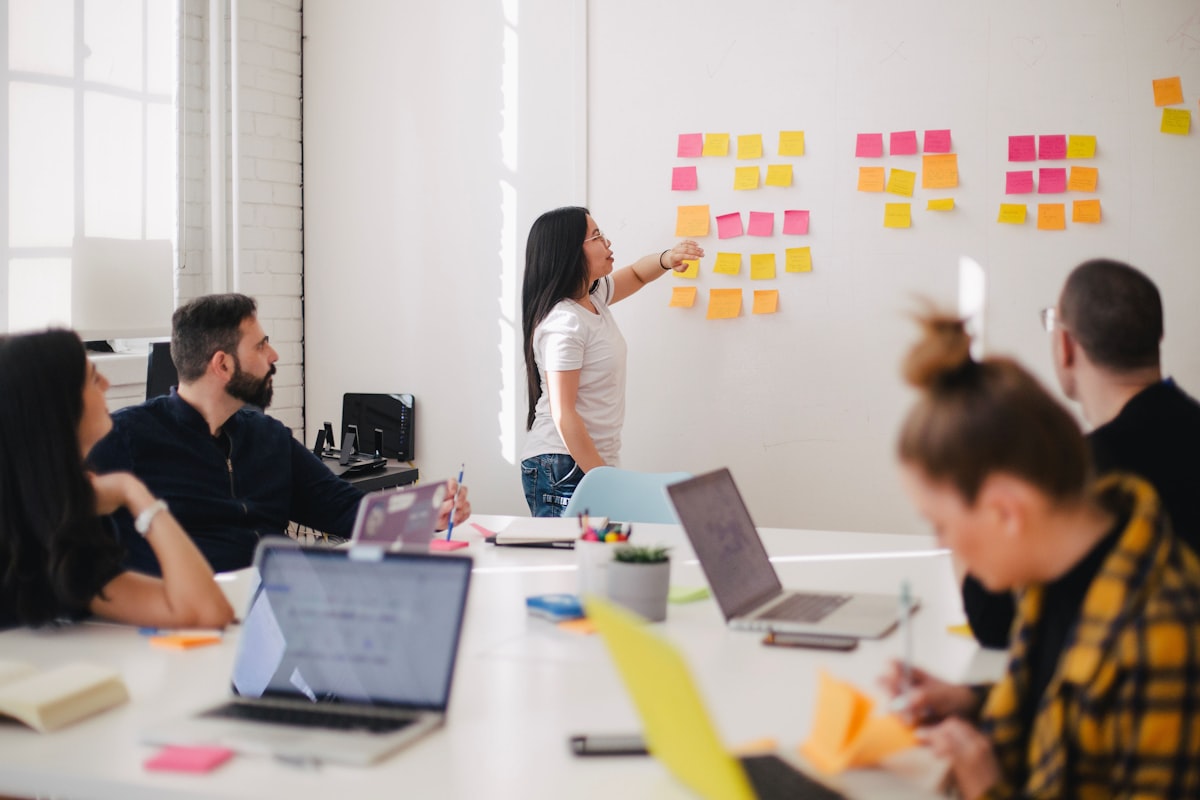 Team plant digitale Prozesse an einem Whiteboard